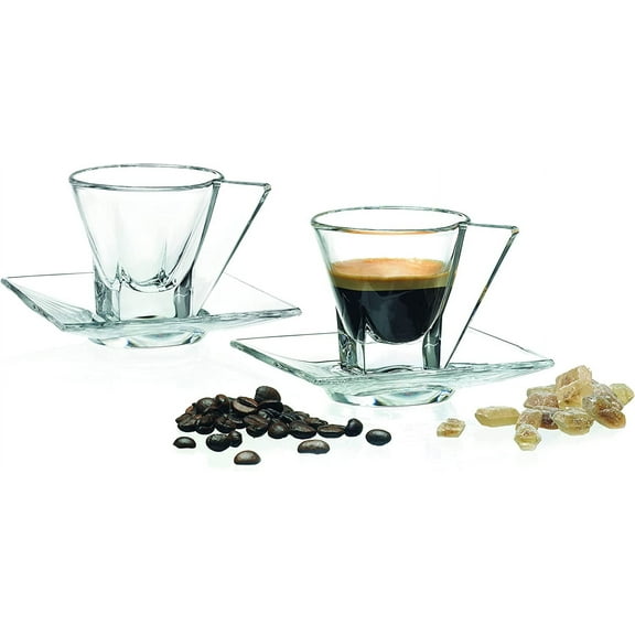 Barski Glass Espresso Cups With Saucers - - Mug - With Saucer - 2.3 oz. - Set of 2 - (Each set has a saucer and a cup) - for Cappuccino, Coffee, Latte, Tea - Made in Europe