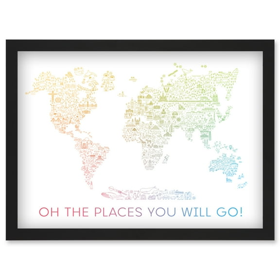 World Travel Landmark Line Map Oh The Places You Will Go! Rainbow White Artwork Framed Wall Art Print A4