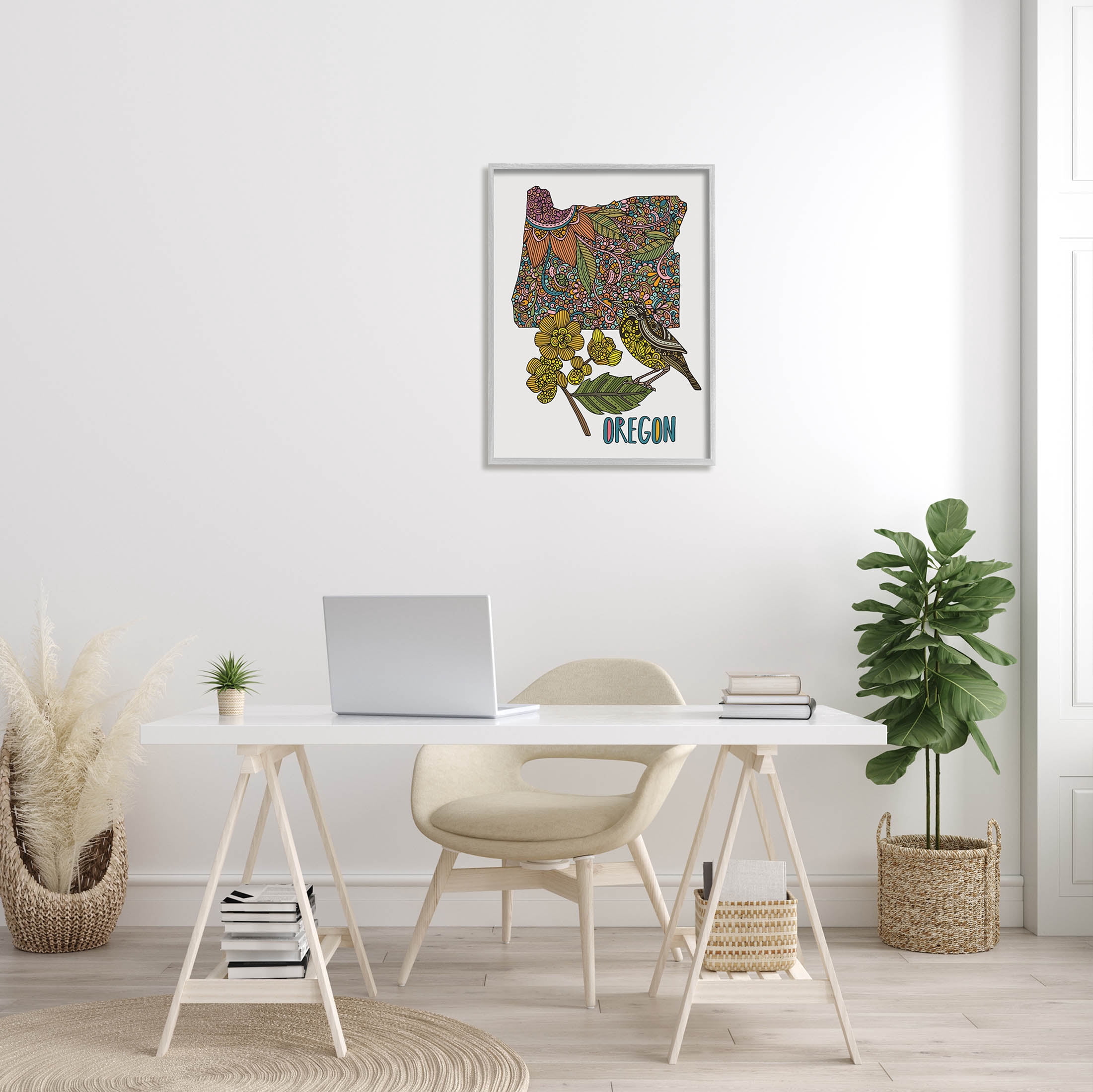 Stupell Industries Oregon State Flower Bird Graphic Art Gray Framed Art Print Wall Art, Design by Valentina Harper