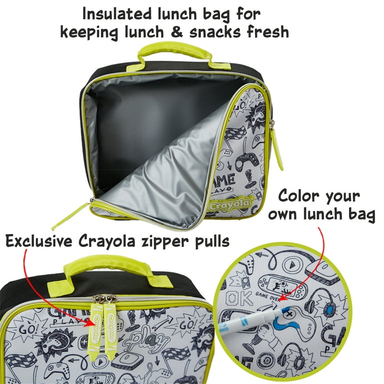 Crayola Color Your Own Gaming Lunch Box for Kids, Black and Neon