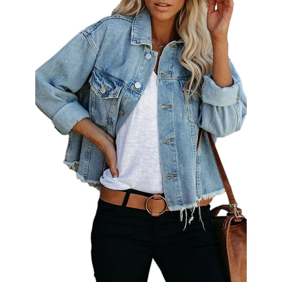 Aunavey Women's Jean Jacket Frayed Washed Button Up Cropped Denim Jacket With Pockets