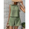 thumbnail image 2 of Womens 2 Piece Summer Linen Outfits Short Sets Round Neck Sleeveless Tank Top Elastic High Waisted Shorts  Green S, 2 of 8