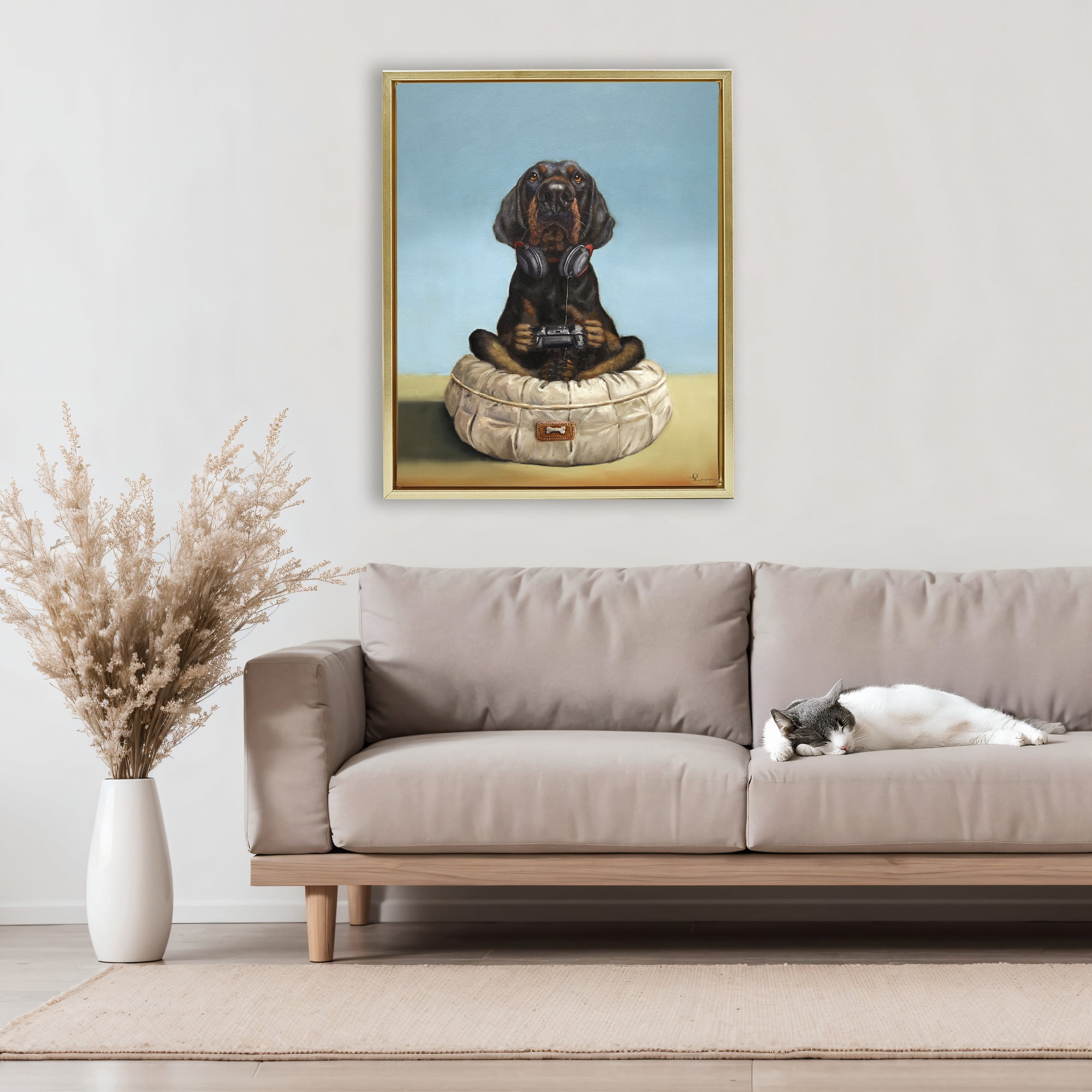Stupell Industries Game Boy Playing Dog Gold Framed Floater Canvas Wall Art, design by Lucia Heffernan