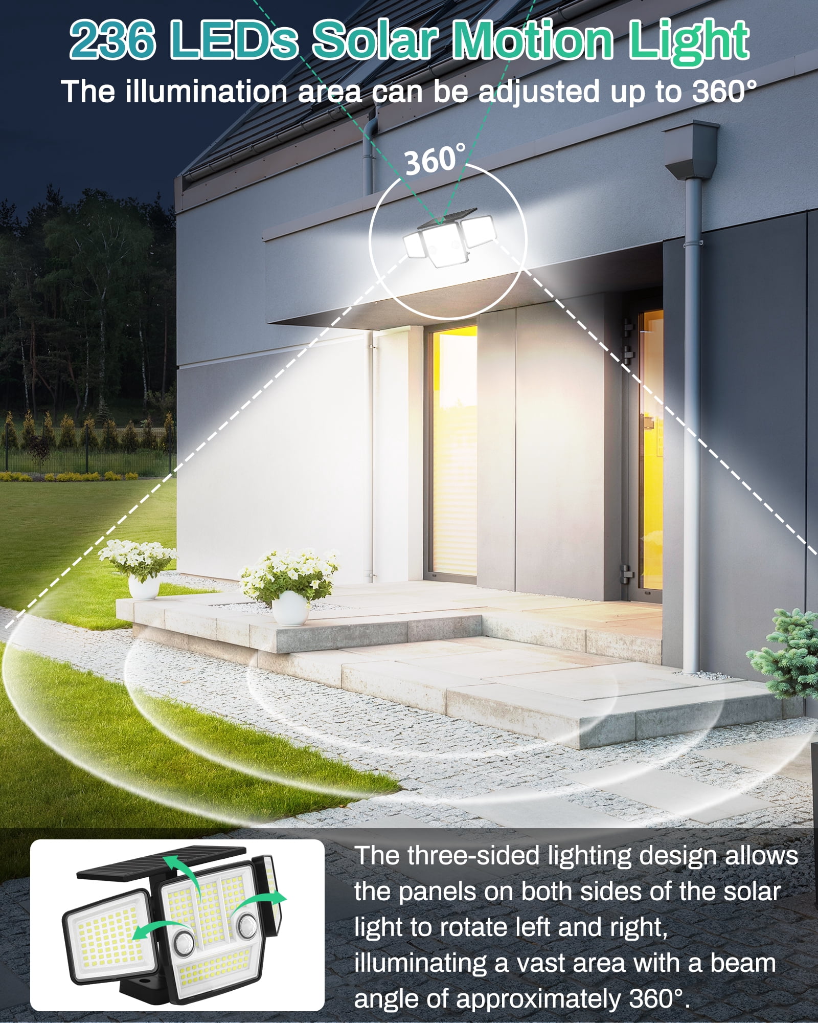 HAARAY Solar Motion Sensor Lights Outdoor with Ground Stake, 3-Head Adjustable 2500LM 236 LED Solar Wall Security Flood Lights IP65 Waterproof for Outside Porch Backyard Patio Garage, 2 Pack