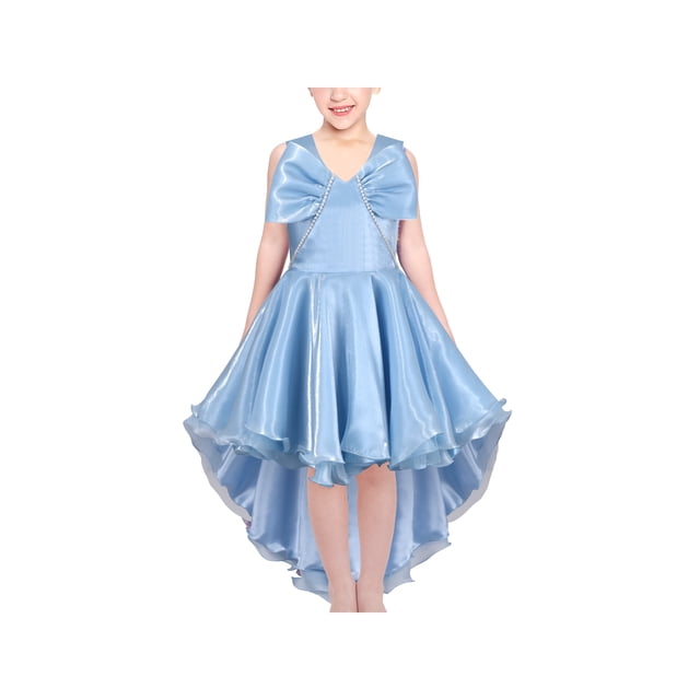 Robe Fille Bleue Hi-lo Perle Organza Nœud Papillon Fête Concours Mariage 12 Ans