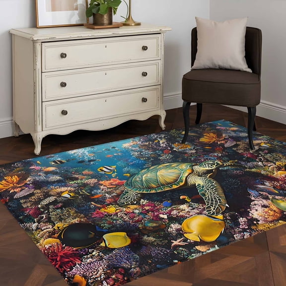 3'x5' Area Rugs, Summer Turtle Indoor Outdoor Area Rug for Living Room Bedroom, Beach Ocean Coral Colorful Tropical Fish Washable Bathroom Rugs Kitchen Floor Carpet Mats Home Decor Aesthetic