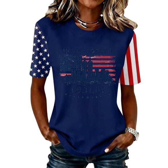 Womens 9/11 Never Forget Crew Neck T Shirt 25th Anniversary Usa Shirts Casual Tops Honor Faith American Flag 911 Memorial Shirt