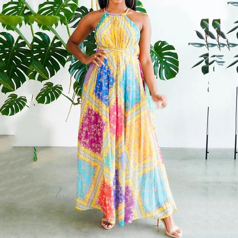 Women Summer Halter Sleeveless Maxi Long Flowy Dress Boho Colorful Plaid  Paisley Floral Print Criss for Cross Lace-Up Backless Pleated Flare Hem  Beach Sundress - Walmart.com