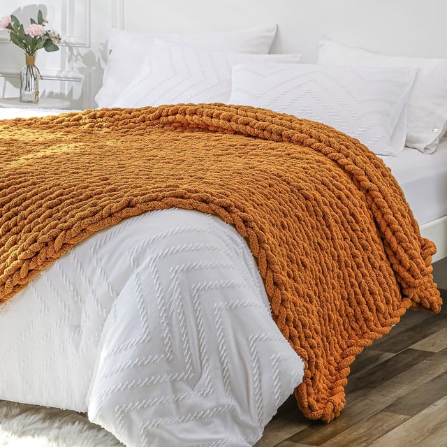 Manta de punto grueso Bigacogo, chenilla naranja quemada, 130 x 160 cm