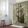 thumbnail image 6 of Sailboat Shower Curtain for Bathroom Decor, Vintage Boat Green Map Texture Brown Stripes Waterproof Fabric Shower Curtain, 60"x72" Set with 12 Hooks, 6 of 9