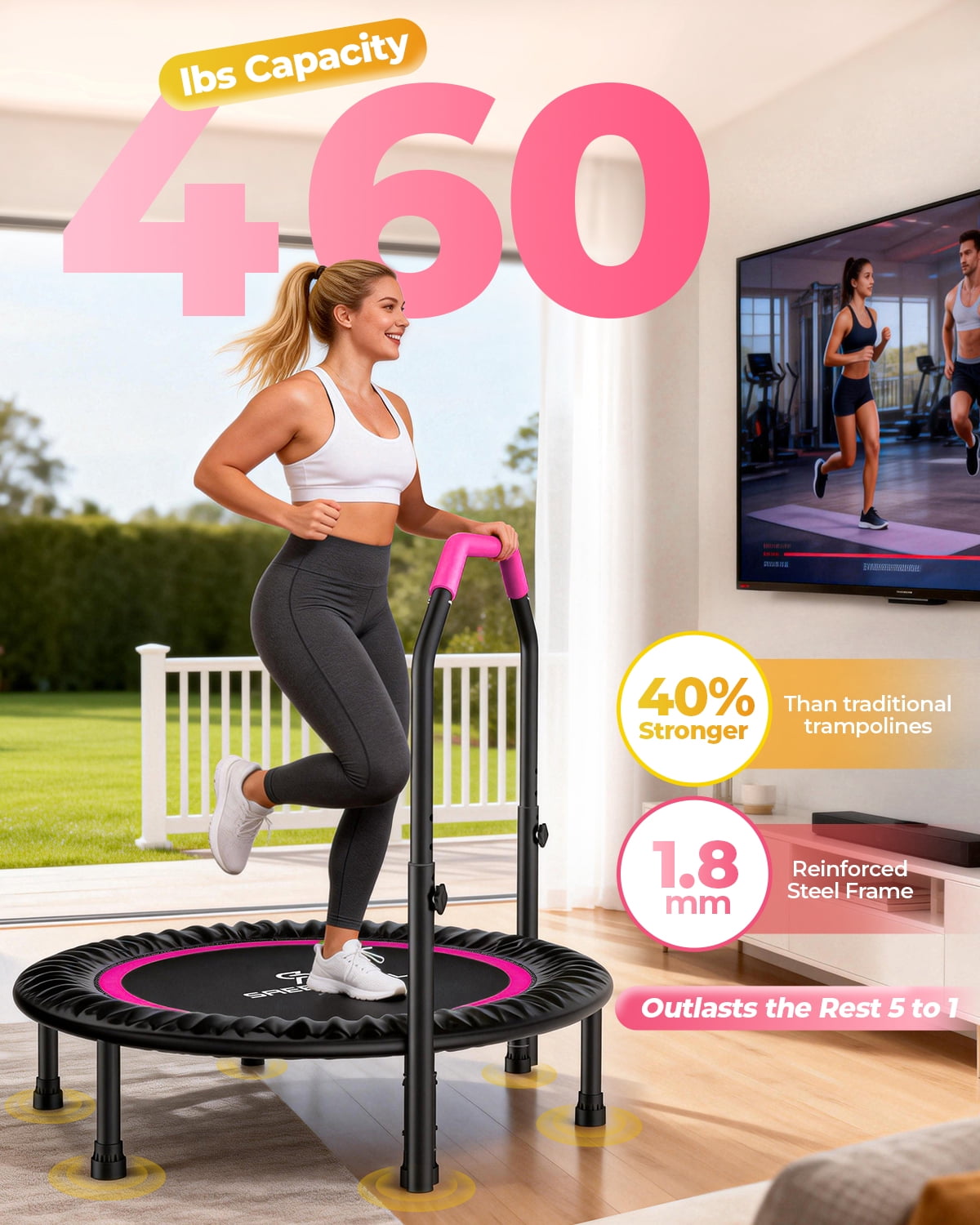 SAEEPABUL 40 Inch Mini Fitness Rebounder Trampoline with Adjustable Handle, Indoor Exercise Workout Trampoline for Adults, Max Load 330lbs Pink