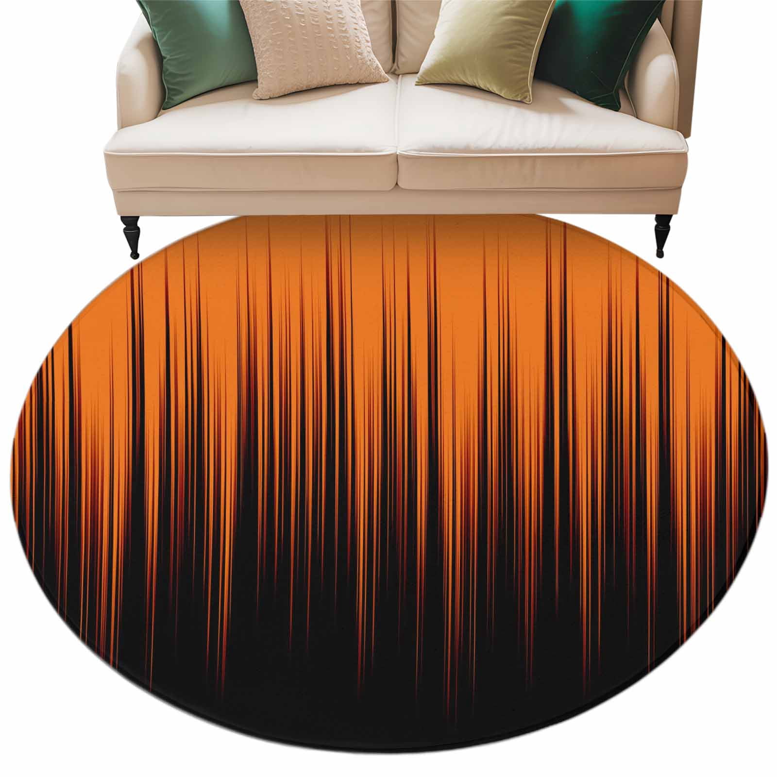 Round Area Rugs Collection 7 Ft, Burnt Orange Black Ombre Non-Slip Residential Carpet, Modern Abstract Striped Gradient Indoor Crawling Mats Runner Rugs for Living Room/Dining Room/Bedroom
