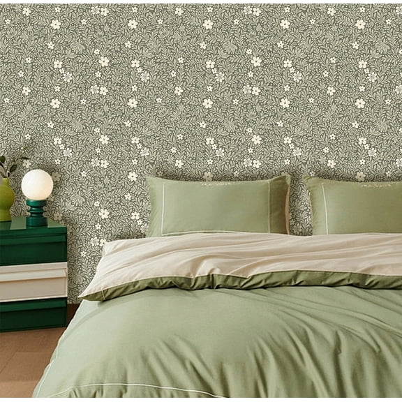 TOARTi Green Wallpaper Beige Floral Peel And Stick Botanical Nature Wall Decal For Bedroom Living Room 17.3in x 9.8ft