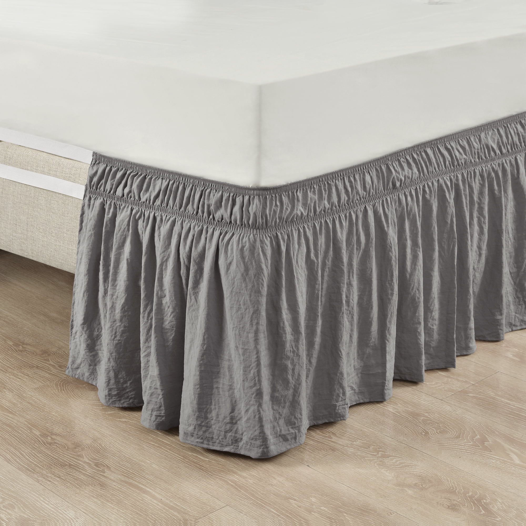 Lush Decor Ruched Ruffle Elastic Easy Wrap Around Bedskirt Dark Gray