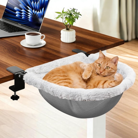 Cat Desk Bed Spacious Retreat, Dual Clamps & Sunken Hammock Design, Comfy Cat Desk Hammock with Faux Rabbit Fur Cover, Removable & Washable, Holds Up to 40lbs