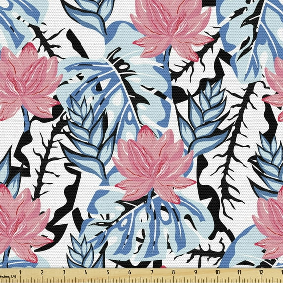 Exotic Fabric by the Yard, Lotus Petals Bouquets Tropical Blossoms Flowering Palms Summer Motif, Upholstery Fabric for Dining Chairs Home Decor Accents, Pastel Pink Blue and Black by Ambesonne