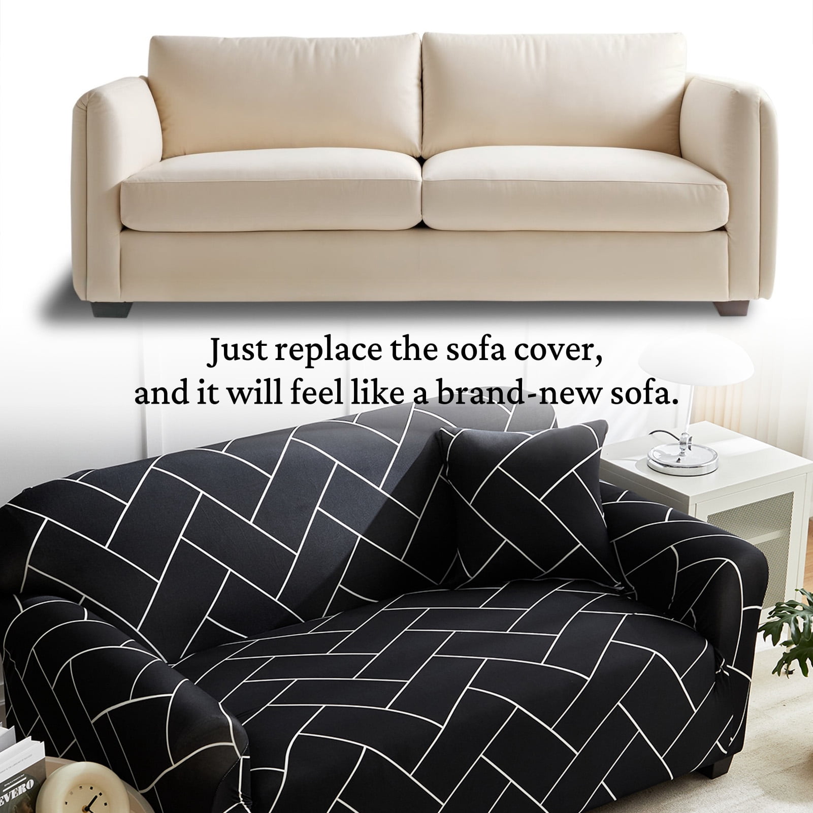 HonorHut Patterned Couch Cover High Strength Stretch Sofa Cover 4 Seater Printed Washable Slipcovers Modern Fashion Universal Furniture Protector Black White