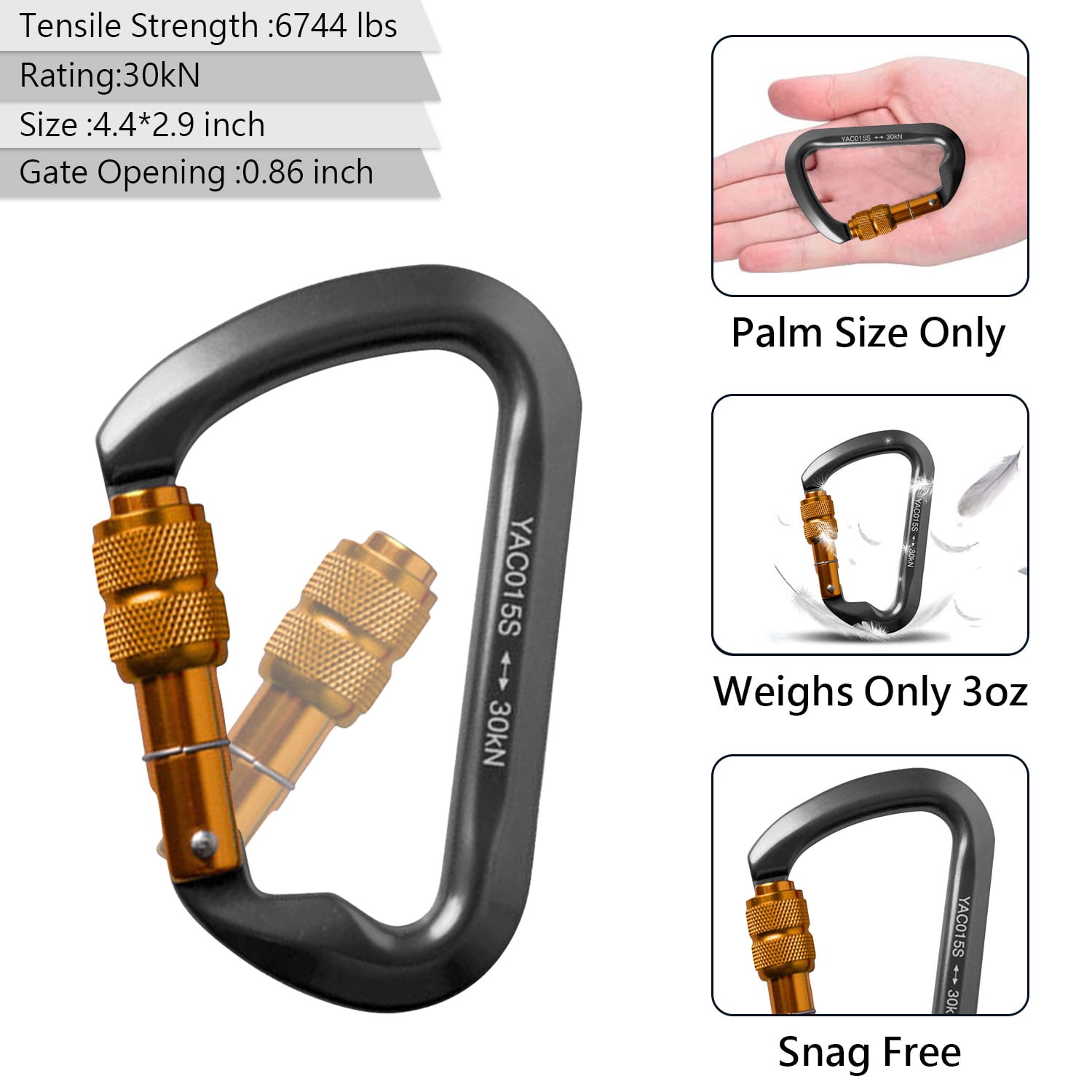 Aluminum Carabiner Clip, Heavy Duty Carabiners with Screw Gate 30kN D Ring Locking Carabiner for Hiking Camping Fishing and Outdoor Use(3 PCS)