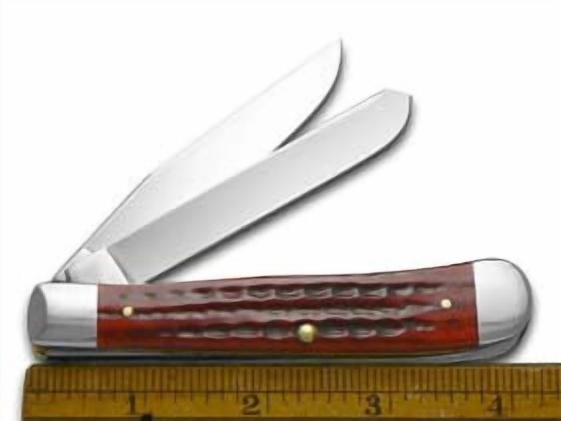 Case Jigged Old Red Bone Pocket Worn Trapper Folding Knife - Stainless Steel Blade - Red