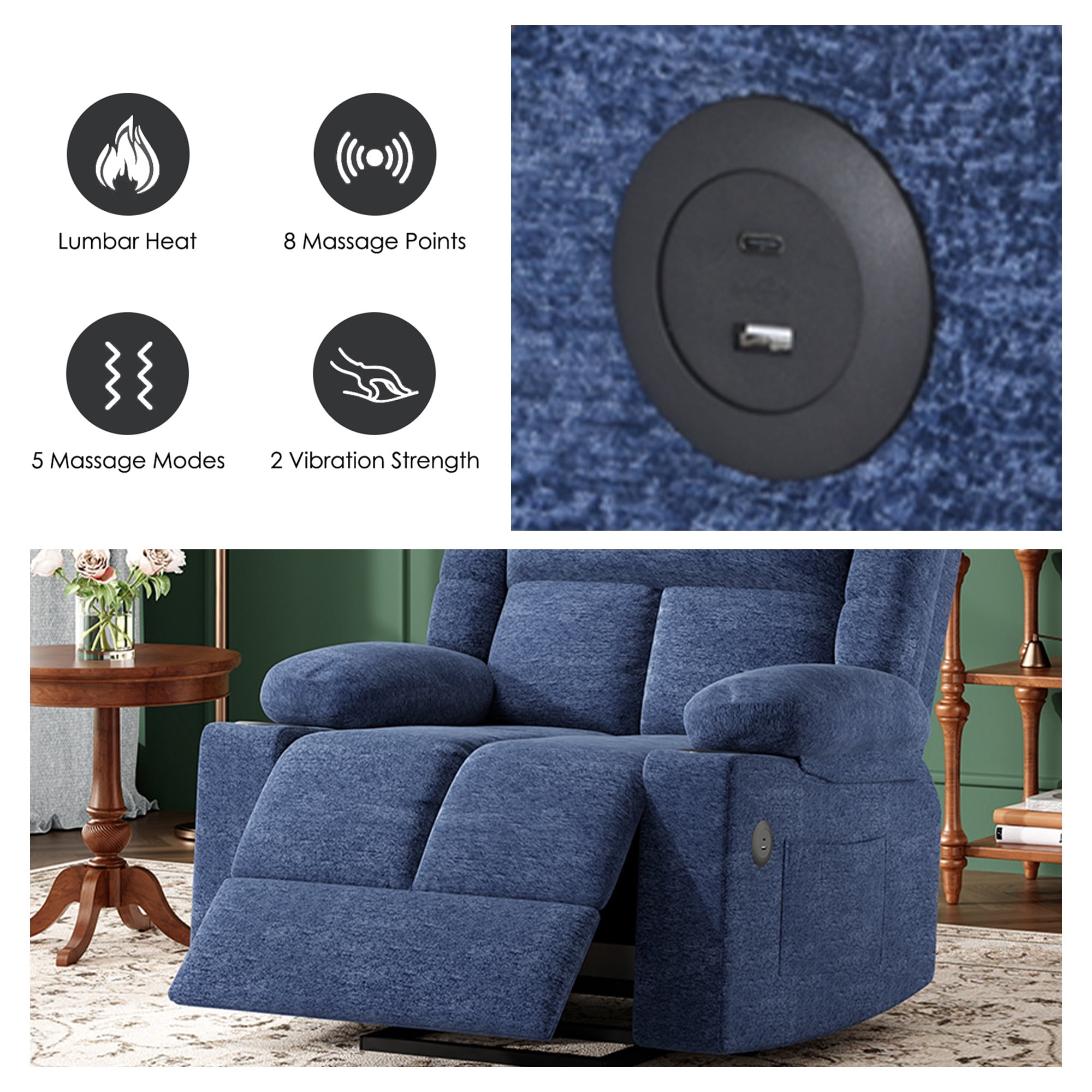 MAYEERTY Blue Power Lift Recliner Chair with Massage, Heat, USB Ports, and Cup Holders for Senior Comfort
