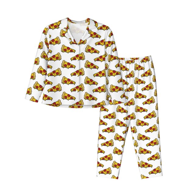 Balery Pizza Conjunto de Pijama con Estampado para Mujer, Conjunto de Dos Piezas con Manga Larga, Ropa de Dormir Suave con Bolsillos, Pijamas Cómodos-X-Large