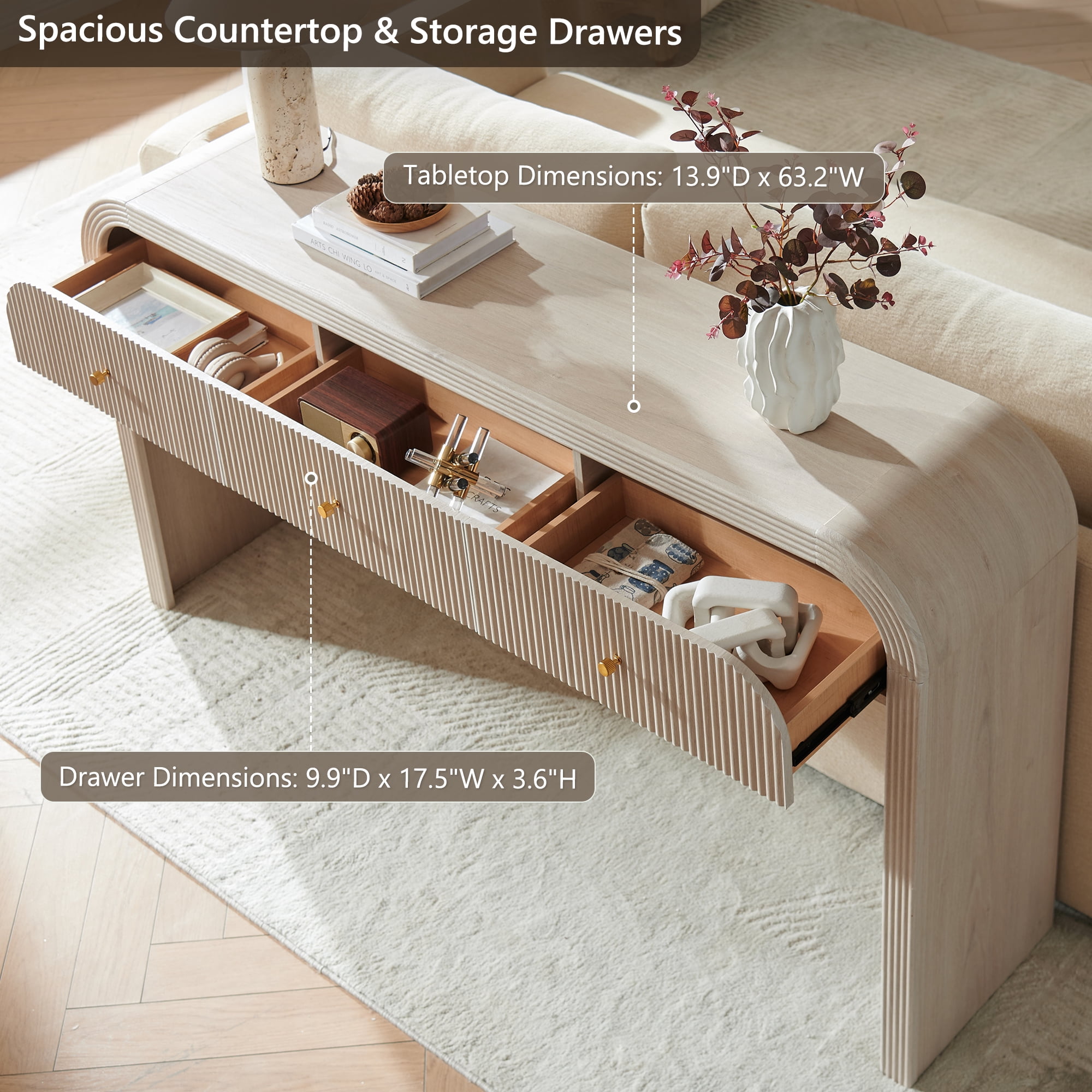 KeyWhat 63" Modern Fluted Console Table with 3 Drawers, Curved Edges & Anti-Tip Safety Kit