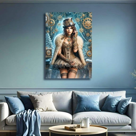 Winter Queen of Time Canvas Print – Steampunk Fantasy Wall Art, Elegant Clockwork Winter Decor