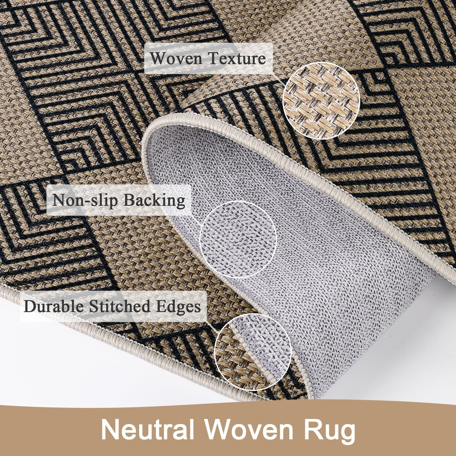 Findosom 2'x5' Jute Washable Runner Rug Non Slip Natural Woven Texture Floor Carpet Farmhouse Rug for Living Room,Bedroom,Kitchen,Entryway,Outdoor,Patio Rug,Stain Resistant Rustic Rugs,Black