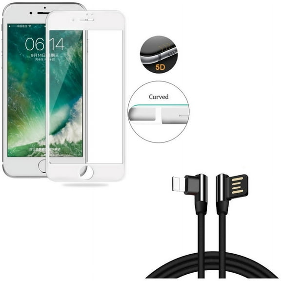 iPhone 7/8 PLUS Angle USB Cable w Screen Protector - 6ft Charger Cord Power Wire, Tempered Glass 5D Touch Curved Edge Full Cover for iPhone 8 PLUS/7 Plus