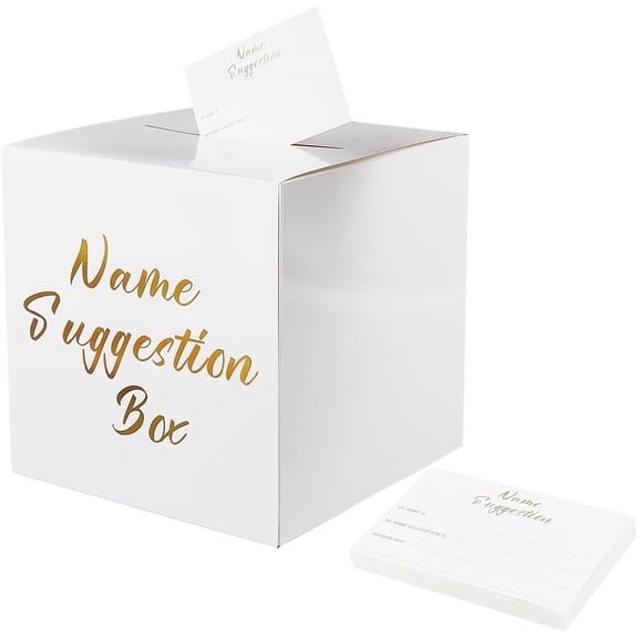 Name Suggestion Box White Paper Card Box with 30Pcs Cards 8.7x8.7x8.7 Inch Cardboard Party Decor