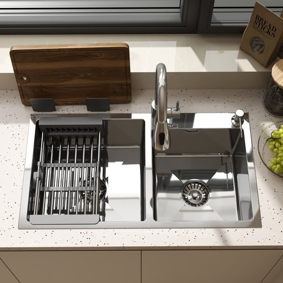 MEANDAROL 30"×18"Stainless Steel Silver Double Basin Drop-In Sink (with Accessories),Net Weight:18.5LBS