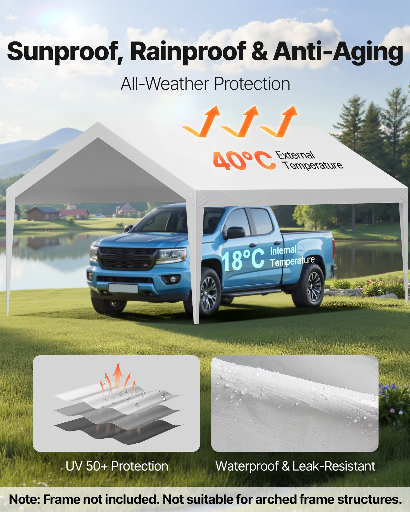 VEVOR Carport Replacement Canopy, 12 x 20 ft Potable Garage Tent Top Tarp, UV-Resistant & Waterproof Car Shelter Tarp, Heavy Duty Car Port Cover with Ball Buggees, White, Frame Not Included