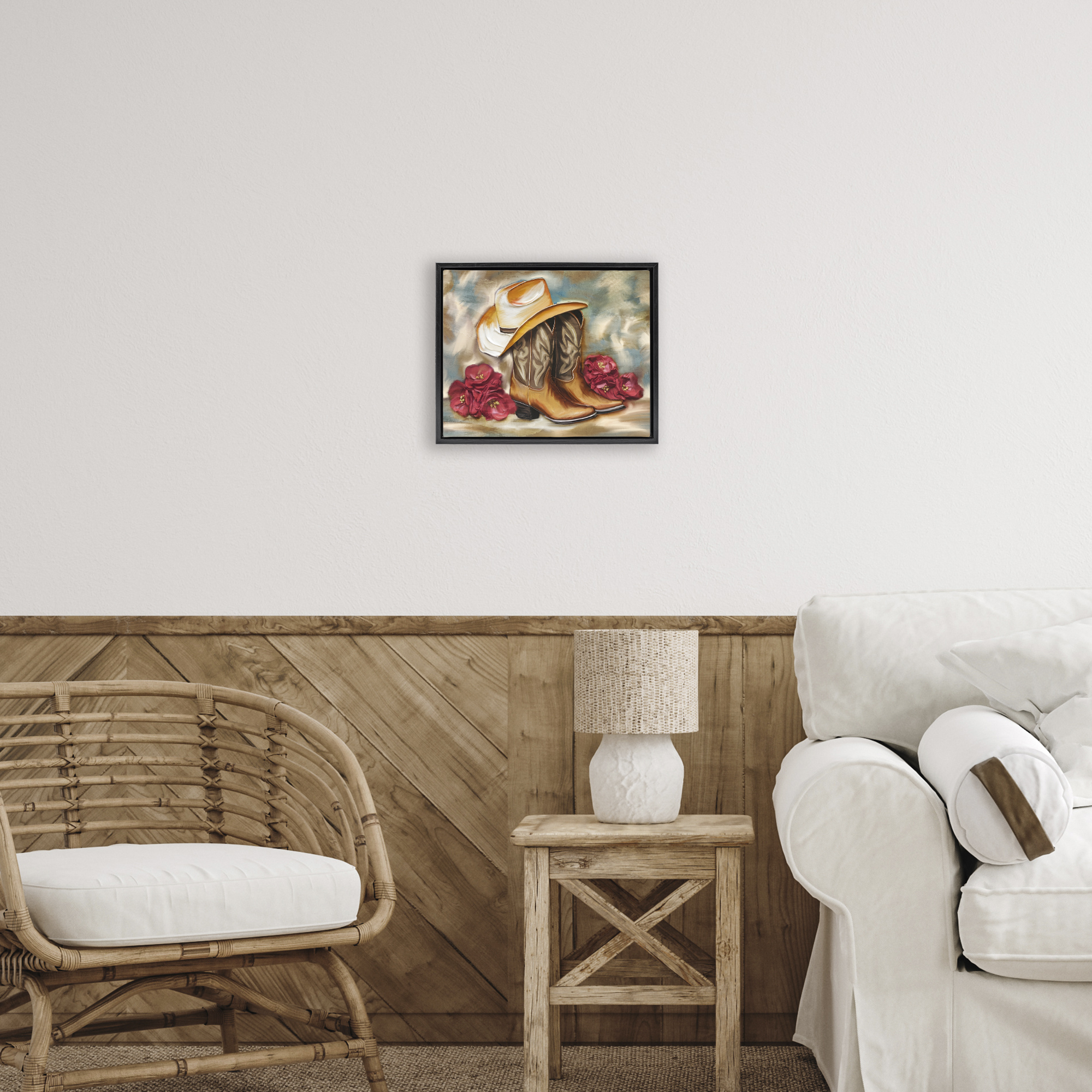 Boots & Floral Bunches Black Framed Floater Canvas Wall Art, design by Kim Allen