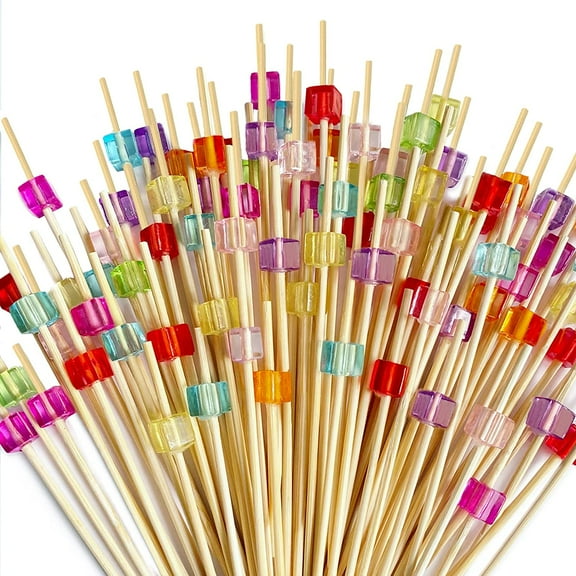 100 Pieces Cocktail Picks 4.7-inch Long Toothpicks Natural Bamboo Handmade Cocktail Sticks Appetizer Skewers for Fruits Drinks Desserts Party Food Decoration (Cubic Beads)