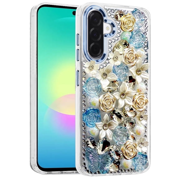 Phone Case for Samsung Galaxy A27 Luxury Rose Bling Rhinestone Glitter Floral Hybrid Shockproof Stylish Protective Designer Ornament Sparkle Cover Blue