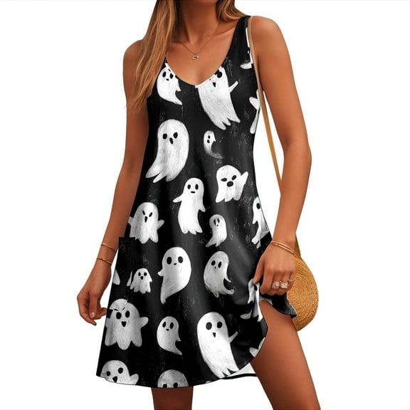 YDFCWXW Halloween Women's Dress Printed Sun Dress Sleeveless with Pockets White, XXL