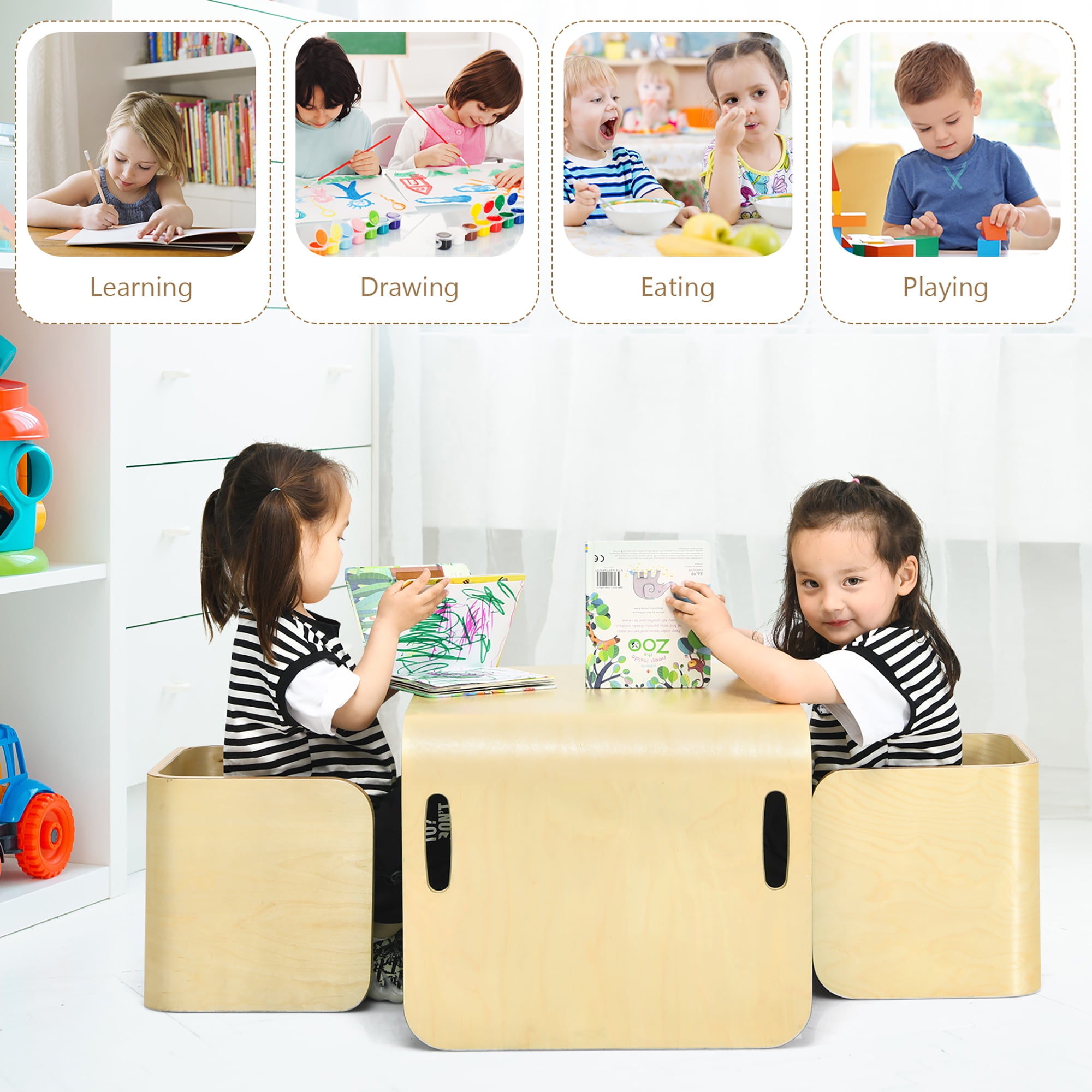 Costway 3 Piece Kids Wooden Table & Chair Set Children Multipurpose Homeschool Furniture