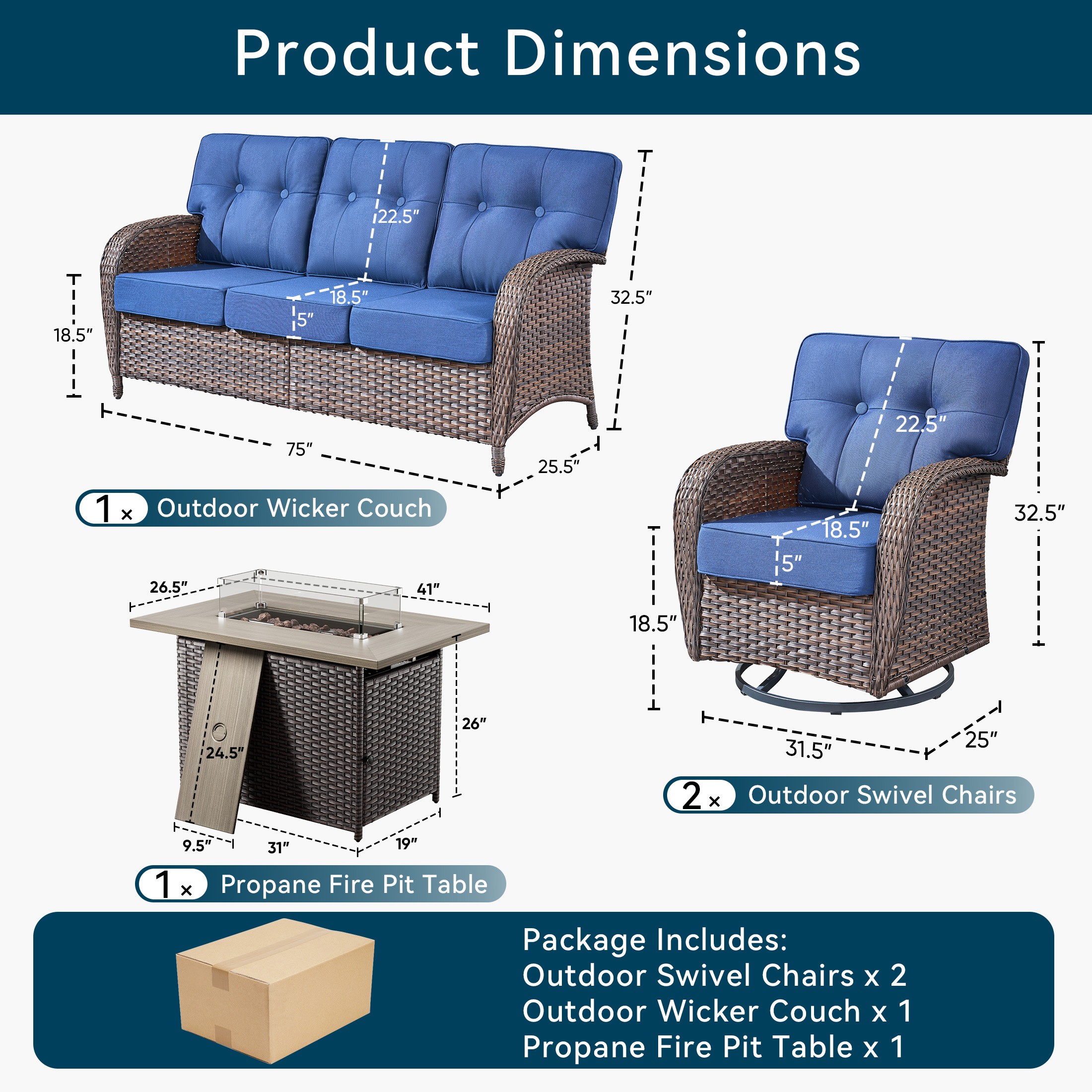 Unnifurnzi 4 Pieces Patio Furniture Set with Fire Pit Table-All Weather Wicker Patio Conversation Sets with Swivel Patio Chairs Outdoor Couch for Deck Porch Garden Balcony Poolside-Brown/Blue