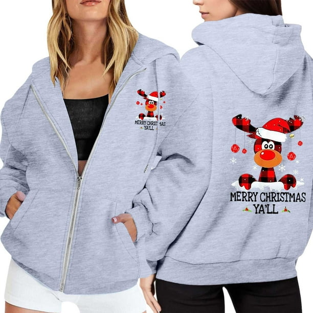 WILLBEST Sudadera con Capucha para Mujer, Estilo Casual, con Estampado Navideño, Cremallera, Manga Larga, Bolsillo y Cordón Ajustable Chica