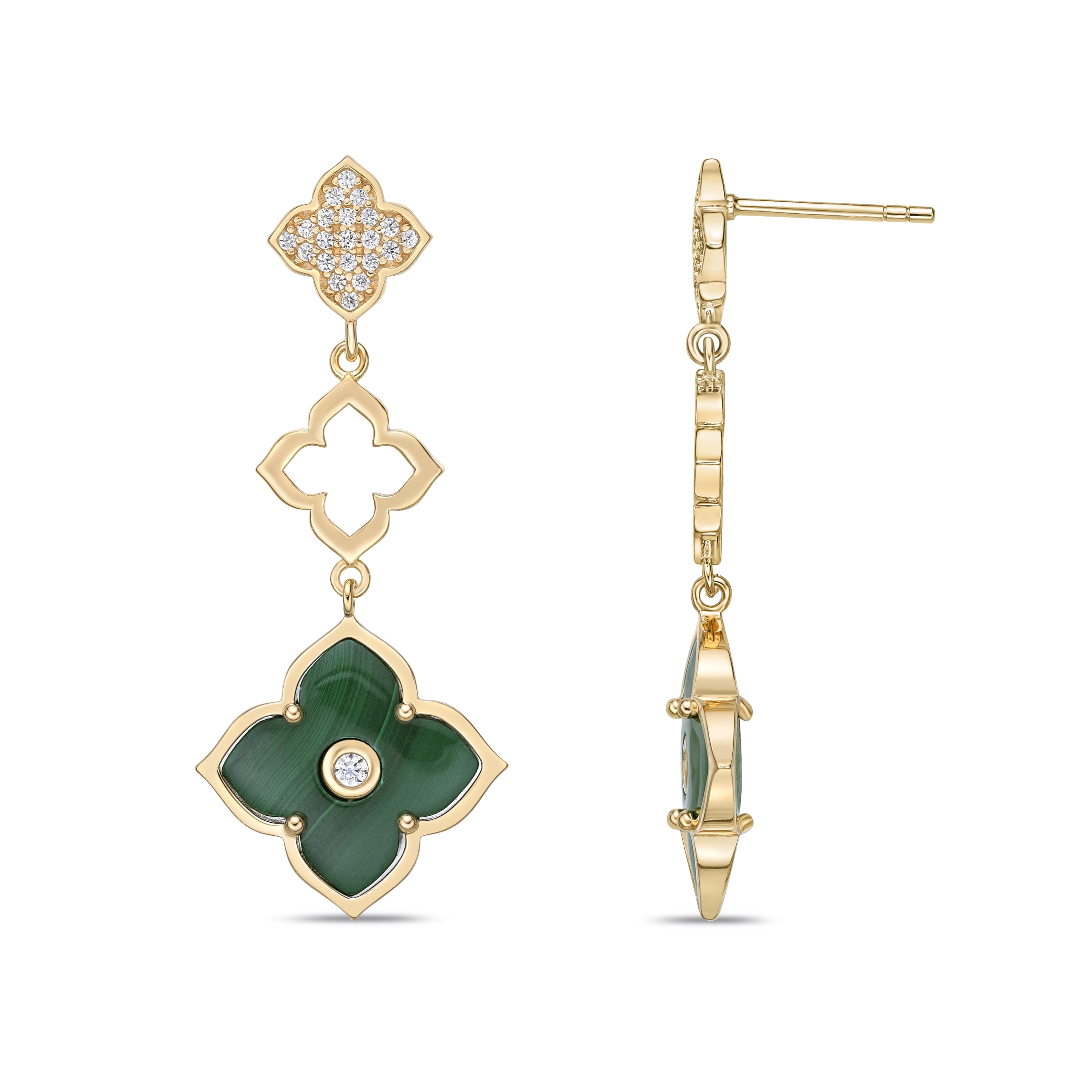 Malachite Three Flower Drop Dangle Earrings for Women with Cubic Zirconia in 925 Sterling Silver with Yellow Gold Plating Push Back by Lavari Jewelers