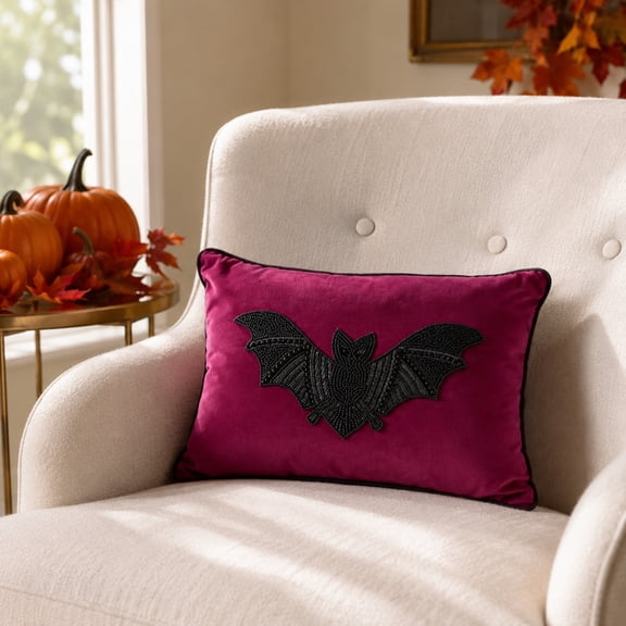 Gothic Halloween Decor Bat Plush Pillows Needlepoint Bat Pillows Cute Handicraft for Xmas Halloween Sofa Bed Home Cushion Outdoor Party, Purple, 19.68 x 11.81 Inches