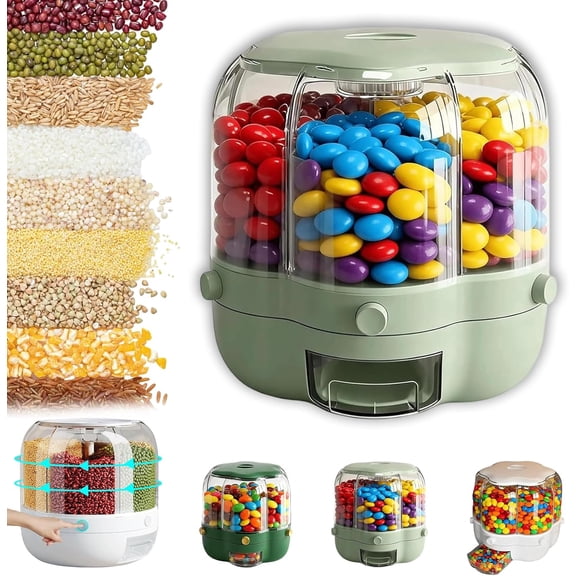 360° Rotating Candy Dispenser Countertop, 6-Grid Airtight Candy Machine Dispenser, Durable Plastic, Large Grain Storage Container Dispensers for Rice,Grains, Cereals,Mini Candies (M(10L),Light Green)