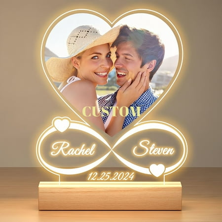 Custom Acrylic Photo Frame with Wooden Night Light Base, Personalized Anniversary and Wedding Gift for Couples