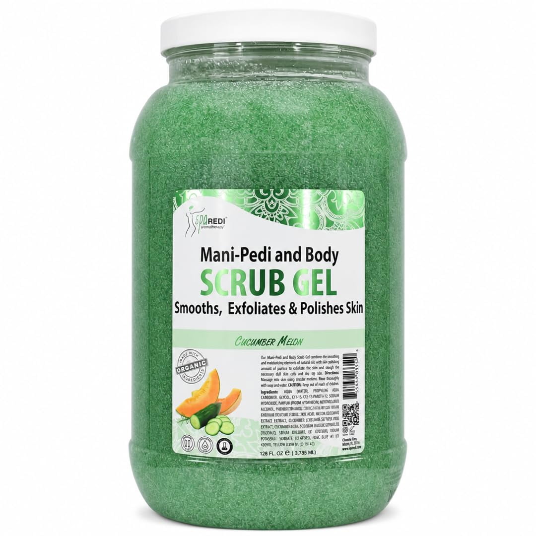 SPA REDI – Exfoliating Scrub Pumice Gel, Cucumber Melon, 128 Oz - Manicure, Pedicure and Body Exfoliator Infused with Hyaluronic Acid, Amino Acids, Panthenol and Comfrey Extract