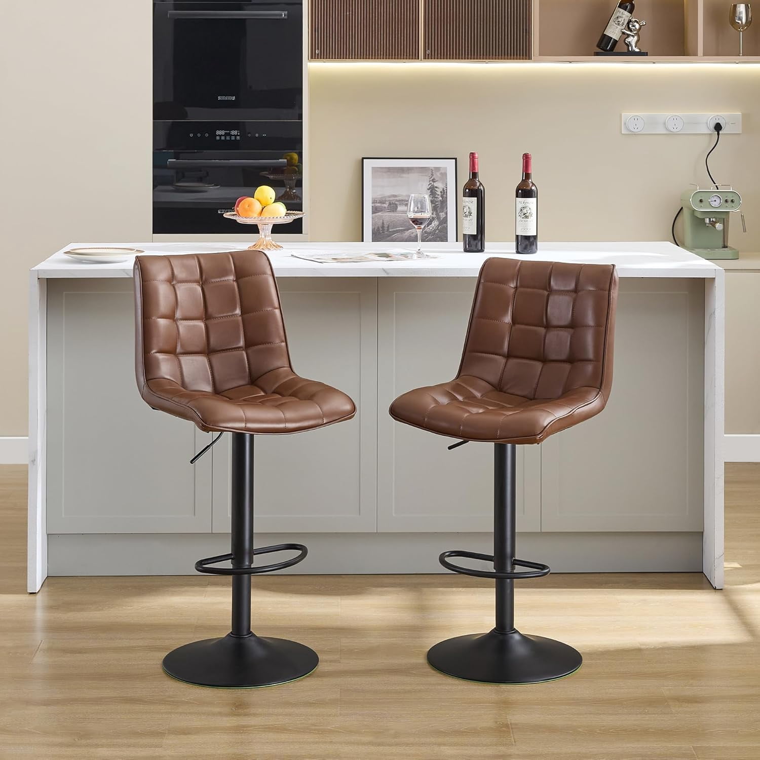 FIRAVOE Bar Stools Set of 2, Swivel Counter Height Bar Stools with Back (Adjustable 24"-33") Faux Leather Barstools Bar Chairs for Kitchen Island, Brown