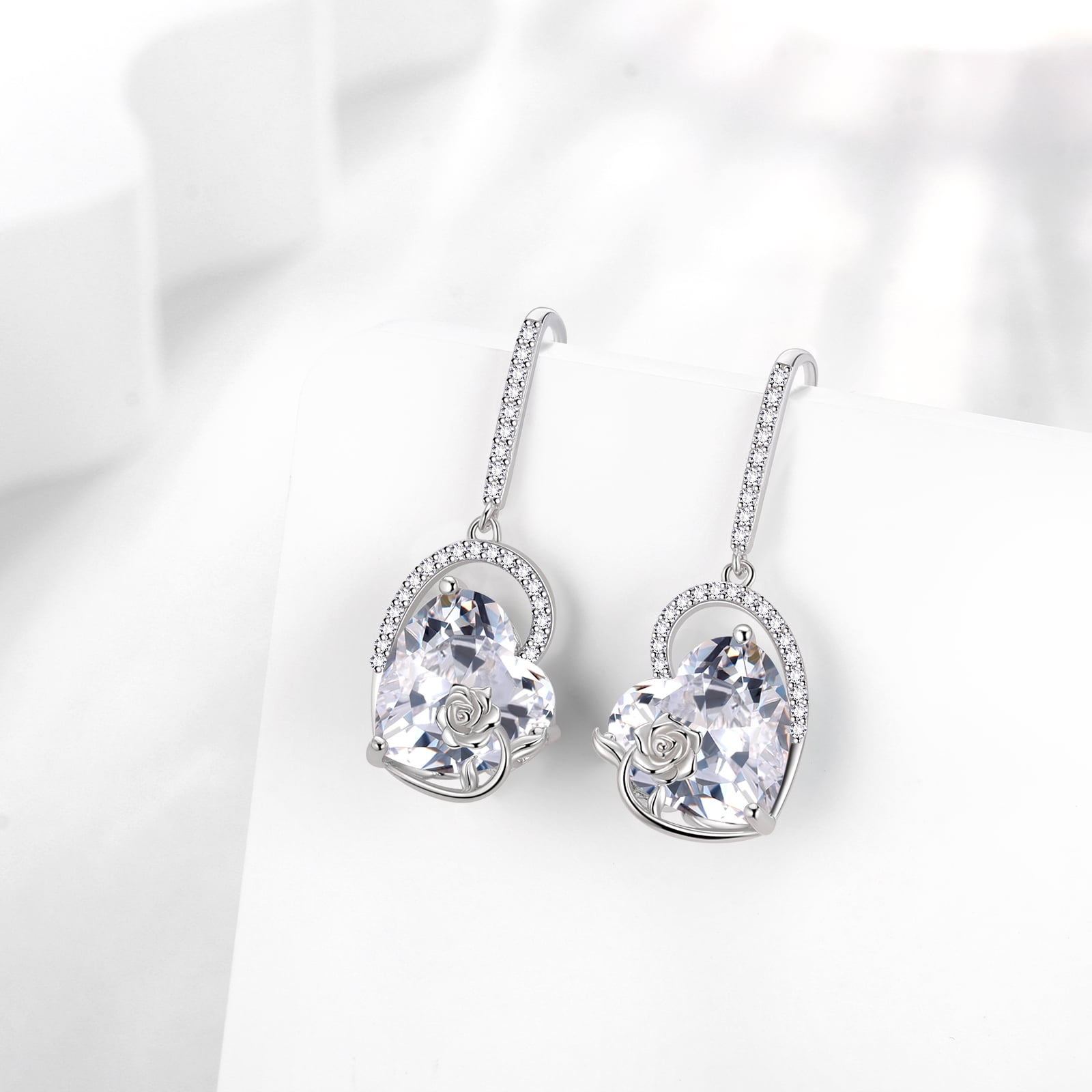 Juwaliy 925 Sterling Silver Earrings Women Heart April Birthstone Hook Dangle Earrings Diamond Rose Flower Wedding Bridal Jewelry Mom Valentine's Day Gift