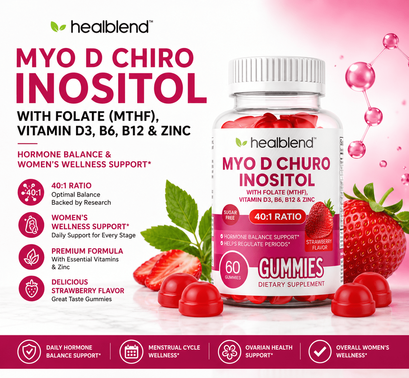 Healblend Myo-Inositol & D-Chiro Inositol PCOS Gummies for Hormone Balance & Fertility Support with Folate and Zinc, Strawberry Flavor, Sugar-Free, 60 Count