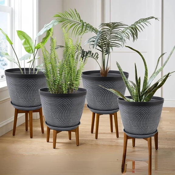 Modern Gray 12 Inch Plant Pot Set of 4 with Drainage and Saucer for Garden