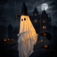 thumbnail image 3 of 5 FT DIY Hanging Swing Ghost Halloween Decor, Light-Up Flying Ghost on Broomstick with Witch Hat, Spooky Cute Outdoor Halloween Decorations for Front Porch Yard Tree, 3 of 11