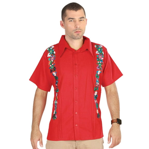 Men's Mexican Embroidered Guayabera Shirt 100% Cotton Red 603111